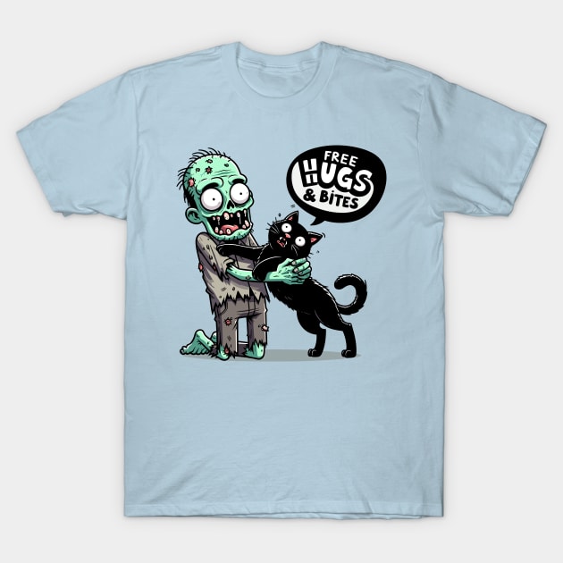 Free Hugs and bites - Zombie hugging black cat T-Shirt by PrintSoulDesigns